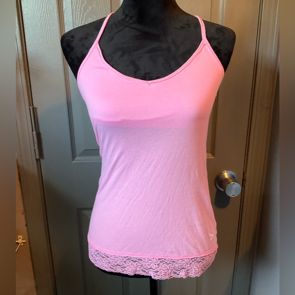 PINK Love and Kisses small pink tank w/lace